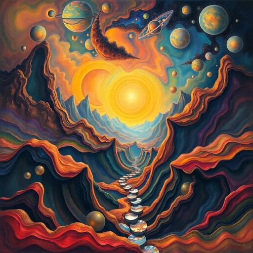 multi-dimensional, surreal landscapes, Salvador Dali, vibrant colors, dream-like, abstract forms, ethereal lighting, cosmic influence, flowing composition, otherworldly textures, layered depths, imaginative realms, mystical aura, transcendent elements, fluid perspectives, dynamic scale, imaginative geometry, visionary space, timeless essence, intricate details, metaphysical dimension, transformative symbolism