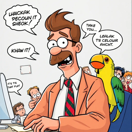 quirky humor, character-driven storytelling, vibrant colors, Michael Scott, comedic antics, talking parrot, dynamic composition, pop culture influence, expressive characters, speech bubbles, exaggerated expressions, paper texture, 2000s sitcom, workplace comedy, bold outlines, playful mood, immersive narrative, panel sequence, postmodern influence, narrative whimsy, absurd scenarios