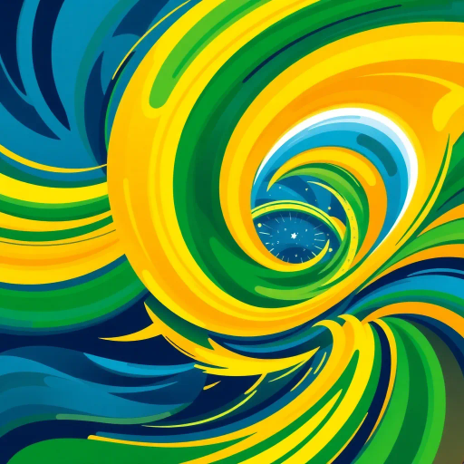 vibrant colors, swirling movement, tropical allure, Brazilian flag, geometric precision, cultural celebration, Carnival inspiration, abstract shapes, bold contrast, energetic flow, Rio de Janeiro, lush greens, radiant yellows, deep blues, chromatic harmony, festive spirit, national pride, rhythmic patterns, dynamic composition, joyful exuberance, modern interpretation