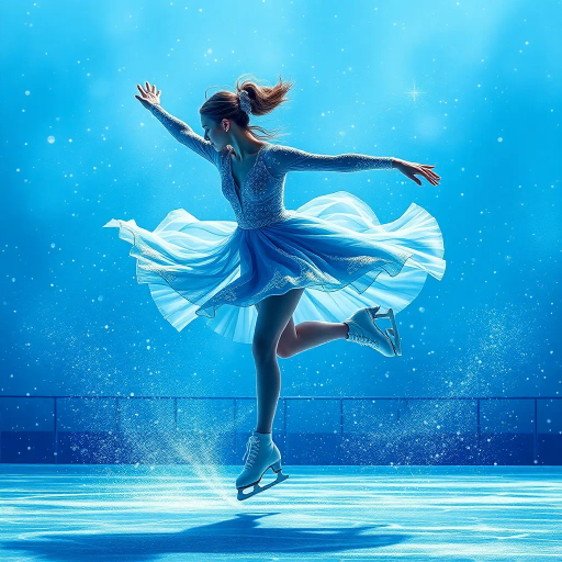 elegance in motion, winter skater, olympic spirit, crystalline ice, dynamic fluidity, ethereal grace, hyper-detailed, blue and silver hues, sparkling frost, dramatic lighting, Edgar Degas influence, elegant choreography, sportsmanship, athletic poise, icy textures, frozen landscape, sweeping panoramas, high speed motion, intricate costumes, reflective surfaces, celebratory atmosphere, geometric patterns, seamless flow, cultural celebration, human form, sleek lines, emotive expressions, giant scale, grand spectacle, movement in silence, abstract impressions