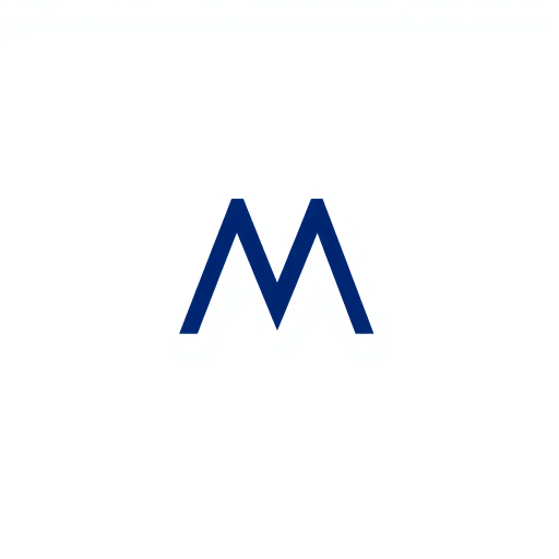 geometric lettermark, bold M shape, minimalist design, thin horizontal lines, hierarchy symbolism, ladder-like crossbars, solid indigo blue, vector precision, negative space, white background, modern simplicity, Bauhaus influence, precise alignment, abstract representation, minimalistic elegance, clean lines, corporate identity, balanced composition, contrast emphasis