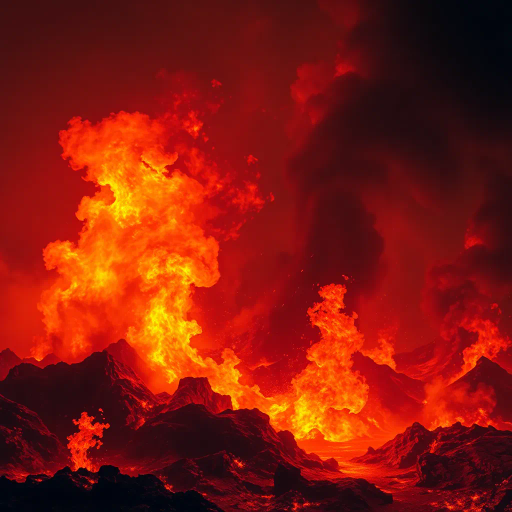 flickering flames, inferno, burning passion, scorching heat, smoke, ember, ashes, fireballs, magma, volcanic eruptions, fiery explosions, phoenix rising, igniting fury, fiery landscape, red and orange hues, burnt sienna, heat waves, smoke signals, blazing embers, molten lava, J.M.W. Turner, dynamic composition, chiaroscuro lighting, mythological symbolism, ethereal glow, surreal textures, intense contrast, fluid motion, apocalyptic vision, dramatic scale, atmospheric perspective, elemental fury, cosmic significance, mythical rebirth, transcendent energy, vivid saturation, evocative mood