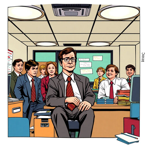 The Office, TV show, satirical humor, vibrant, Steve Carell, ensemble cast, mockumentary style, quirky, everyday life, work environment, subtle irony, character dynamics, Michael Scott, Dunder Mifflin, Scranton, Pennsylvania, documentary filming, 2000s television, comedic timing, deadpan expression, cultural phenomenon, paper company, witty banter, office antics, relatable humor, office supplies, Jim Halpert, Pam Beesly, Dwight Schrute, team dynamics, overhead fluorescent lighting, mundane yet charming, round camera angles, workplace relationships, vibrant colors, exaggerated expressions, dynamic panels, humor-driven narratives, pop culture references, iconic moments, quirky personalities, expressive line work, sequential art, story, comic-book, Roy Lichtenstein influence, pop art, bright color palettes, Ben-Day dots, humorous satire, character illustration, iconic imagery, visual storytelling, graphic novel style, symbolic elements, American sitcom, narrative flow, cultural impact