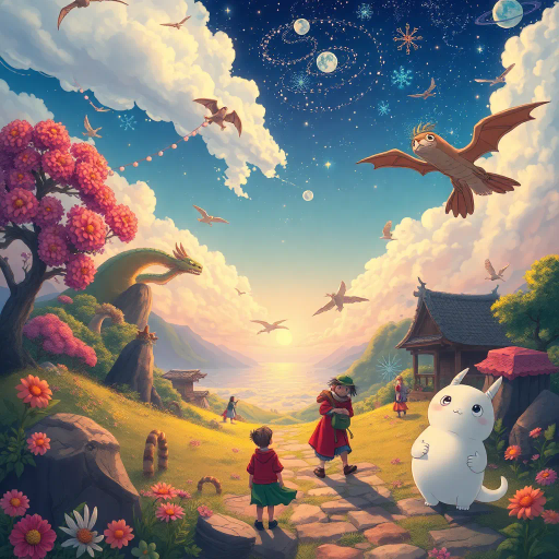 magical realism, vibrant colors, Studio Ghibli influence, fantastical creatures, serene landscapes, dynamic action, whimsical characters, high detail, emotional depth, Miyazaki style, enchanting worlds, youthful adventure, celestial elements, soft gradients, expressive eyes, intricate line work, fairy-tale atmosphere, cultural symbolism, ethereal lighting, narrative richness, dreamlike quality