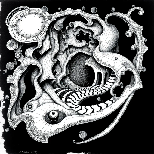 surrealist interpretation, intricate details, Escher-like paradox, organic flow, geometric patterns, black and white, pen and ink, shading contrasts, surreal composition, enigmatic forms, dream-like atmosphere, optical illusions, timeless essence, juxtaposition, delicate textures, fluid lines, artistic intrigue, abstract symbolism, esoteric shapes, infinite loops