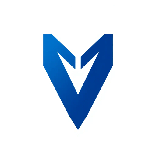 minimal M logo, two vertical strokes, perspective convergence, depth, hierarchy, solid indigo blue, geometric structure, modern tech design, flat vector illustration, clean lines, white background, contemporary aesthetics, precision, symmetry, balance, futuristic approach, sleek elegance, simplicity, innovation, dynamic form, visual impact