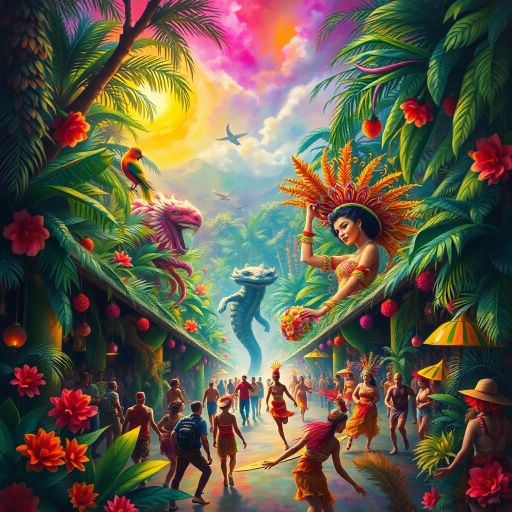 vibrant carnival, amazon jungle, lush greenery, rich cultural tapestry, Carmen Miranda, surrealism, tropical hues, dynamic movement, rhythmic energy, expressive colors, intricate patterns, lively street scenes, samba dancers, exotic wildlife, atmospheric perspective, detailed textures, magical realism, cultural diversity, spirited festivities, radiant sunlight, complex compositions, whimsical elements, bold palettes, mystical atmosphere, fantastical landscapes, tropical flora and fauna
