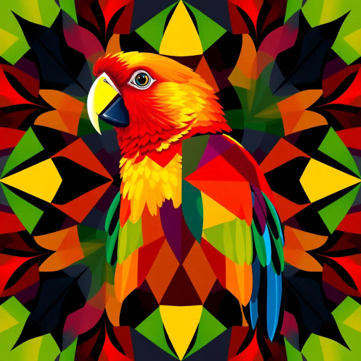 vibrant parrot, geometric abstraction, Piet Mondrian influence, cubism, vivid color palette, angular shapes, intricate patterns, symmetrical composition, bold outlines, high contrast, modernist approach, kaleidoscopic effect, avian grace, dynamic movement, tropical ambiance, artisan craftsmanship, synthetic textures, fractal elements, surrealism touch, conceptual art, striking visual impact