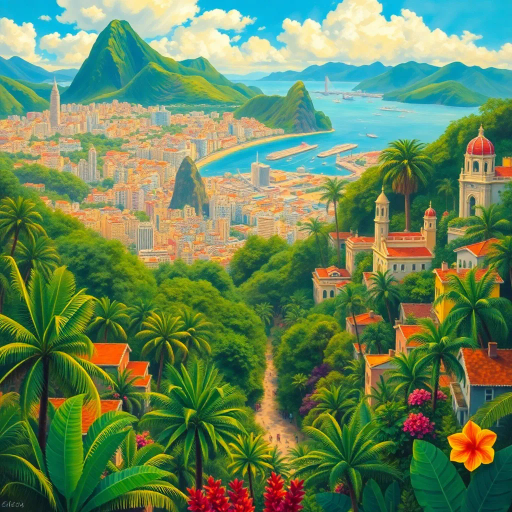 vibrant rainforest, sprawling cityscapes, Rio Carnival celebration, modernist architecture, Tarsila do Amaral, tropical paradise, lush landscapes, Samba rhythm, vivid color palettes, dynamic movement, cultural fusion, vibrant street art, warm sunlight, Copacabana beach, panoramic views, rich biodiversity, Botero-inspired figures, expressive brushstrokes, Amazon River, intricate textures, joyous atmosphere, cultural heritage, Henri Rousseau influence, energetic composition