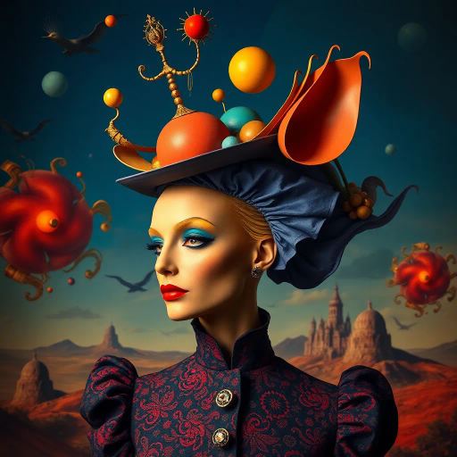 avant-garde millinery, surrealism, Salvador Dalí, vibrant colors, whimsical shapes, imaginative composition, baroque influences, ethereal lighting, dreamlike textures, intricate patterns, artistic freedom, conceptual fashion, exaggerated dimensions, cultural symbolism, playful elegance, dramatic shadows, abstract details, haute couture, bold expressions, fantasy elements, dynamic movement, futuristic undertones