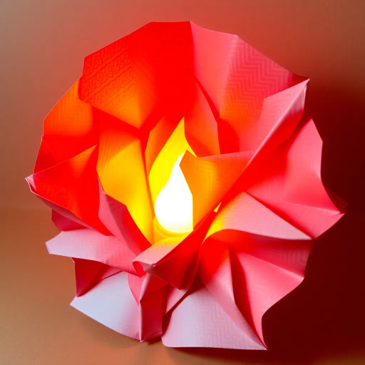 complex paper folding, vibrant hues, intricate patterns, origami art, fire motif, candlelight glow, precise creases, geometric shapes, cultural aesthetics, traditional Japanese influence, dynamic movement, red and orange spectrum, shadow play, elegant structure, vivid contrasts, textured paper, delicate craftsmanship, symbolic warmth, flame shape, three-dimensional sculpture, evoking warmth, harmonious lines, energetic composition