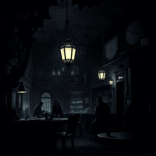 eerie bar, dimly lit, shadows, gothic noir, Edward Gorey, suspenseful atmosphere, chiaroscuro lighting, vintage ambiance, haunted tavern, ominous undertones, dark fantasy, unsettling mood, mystery, cobweb textures, ghostly presence, dramatic angles, retro horror, monochrome palette, foreboding aura, timeless space, enigmatic symbols, spectral patrons, midnight hour, detail-rich illustration