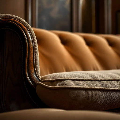luxurious, sofa, close-up, intricate wood grain, warm lighting, Renaissance influences, detailed textures, rich mahogany, chiaroscuro, contemporary elegance, muted earth tones, soft fabric contrasts, Baroque curves, artisanal craftsmanship, timeless sophistication, organic forms, intimate framing, ambient shadows, opulent detailing, cultural luxury, serene atmosphere