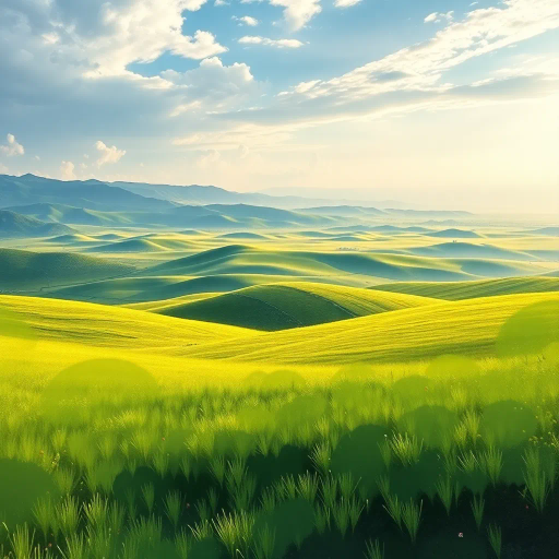 expansive grasslands, Xinjiang, vivid greens, sweeping vistas, cultural richness, impressionist influences, wide horizons, serene landscapes, traditional symbols, sunlight dappled, morning light, natural splendor, intricate patterns, gentle hills, rich textures, pastoral beauty, atmospheric details, evocative scenery, dynamic skies, vast open space, subtle hues, painterly approach