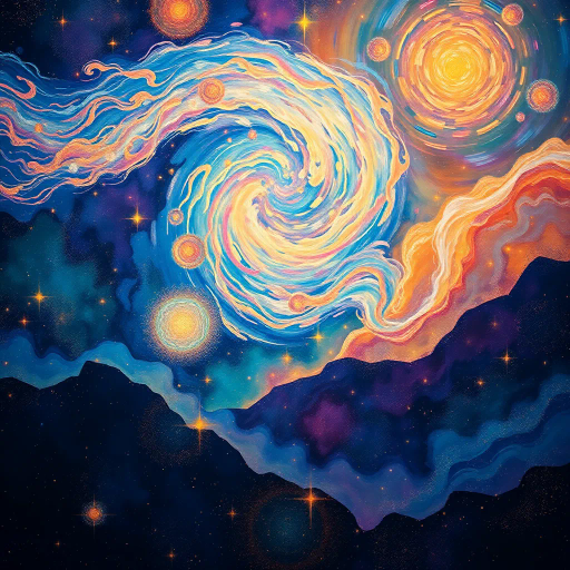 cosmic dust, ethereal swirls, Van Gogh, celestial beauty, mystical atmosphere, vibrant colors, stardust, luminous void, dynamic motion, cosmic winds, dreamlike haze, surreal landscape, nebula textures, astral lighting, spiritual journey, kaleidoscopic vision, galactic presence, ethereal glow, infinite space, Michelangelo, allegorical imagery, 19th century romanticism, transcendental mood, infinite horizons, delicate layering, starry perspectives