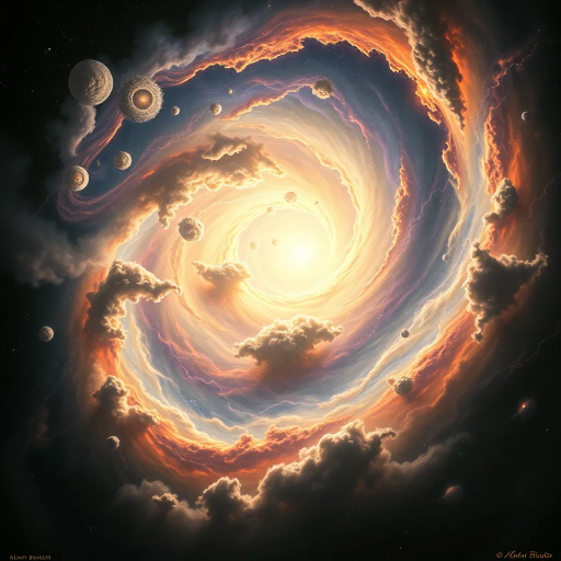 cosmic phenomenon, swirling vortex, event horizon, radiant luminosity, Albert Bierstadt-inspired, baroque grandeur, contrasting shadows, ethereal glow, interstellar dust, infinite void, dynamic motion, gravitational pull, dark matter, space-time fabric, celestial mystery, enigmatic atmosphere, surreal juxtaposition, expansive scale, cosmic harmony, timeless elegance, elemental forces, transcendental experience, visual allegory, metaphysical exploration, swirling galaxies, vibrant nebulae, cosmic dust, darkness and light, celestial wonders, surrealism, cosmic perspective, astronomical phenomena, cosmic energy, abstract forms, universe creation, cosmic symbolism, deep space, galactic core, astronomical art, cosmic dance