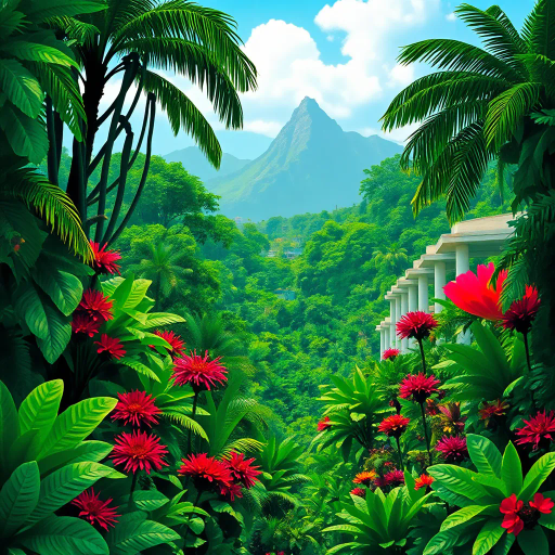 tropical paradise, vibrant rainforest, Rio Carnival, Brazilian culture, Jorge Selarón, Carmen Miranda, exuberant colors, lush vegetation, dynamic samba dancers, vivid patterns, Amazon River, exotic wildlife, modern architecture, indigenous art, celebratory mood, Afro-Brazilian heritage, vibrant street scenes, bold compositions, fluid movement, warmth and energy, sunlit landscapes, urban diversity, festive atmosphere, contemporary influences, chromatic brilliance