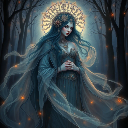 mysterious enchantress, flowing robes, Art Nouveau, ethereal glow, intricate detailing, Gustav Klimt influence, twilight setting, opalescent hues, delicate textures, allegorical elements, wistful expression, mystical forest, ambient light, swirling mists, shimmering aura, elaborate headdress, emotional depth, romantic mystique, dreamlike atmosphere, enchanting presence