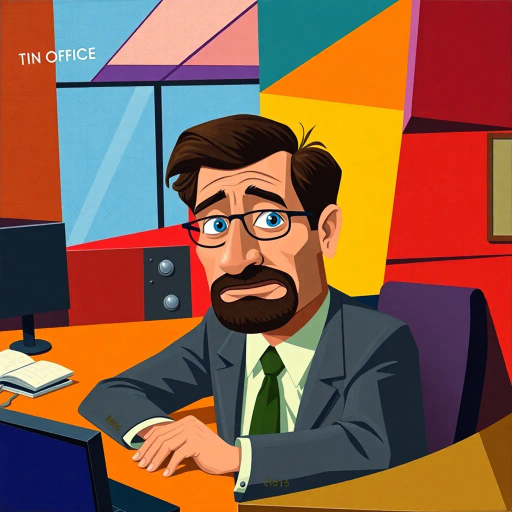 cubist representation, Michael Scott, The Office, office satire, abstract geometry, vibrant color palette, angular shapes, mid-20th century influences, humor in art, Picasso-inspired, fragmented forms, abstract expressionism, early modernism, visual comedy, bold lines, dynamic composition, workplace environment, surreal elements, postmodern satire, complex cubism