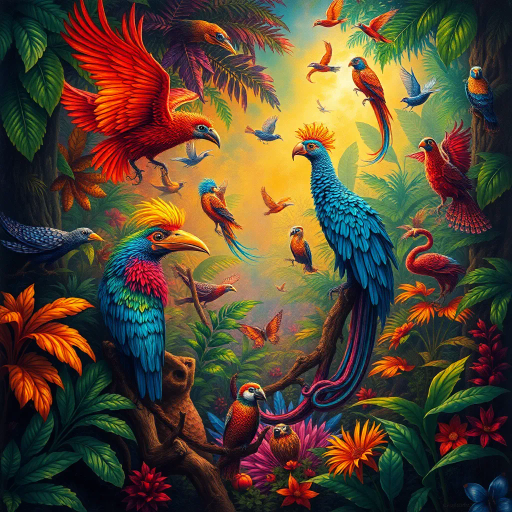 vibrant rainforest, carnival energy, tropical palette, intricate textures, Gustavo Rosa, surrealism, expressive forms, dynamic movement, colorful feathers, mystical beings, atmospheric perspective, lush foliage, samba rhythms, cultural tapestry, radiant lighting, whimsical creatures, vibrant celebrations, exotic wildlife, lively atmosphere, magical realism, imaginative scenery, rhythmic patterns, bold silhouettes