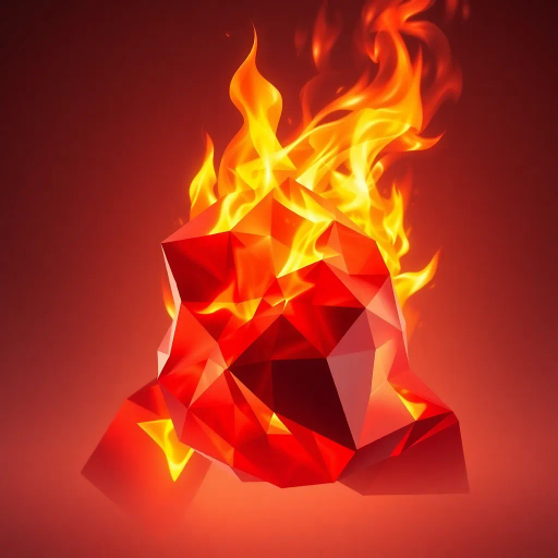 faceted geometry, polygonal forms, dynamic flames, flickering light, abstract fire, warm hues, angular shapes, minimalist design, digital abstraction, geometric patterns, modern interpretation, shimmering heat, textured surfaces, vibrant energy, crystalline structures, orange and red palette, elemental interplay, visual rhythm, stylized representation