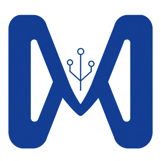 minimalist design, bold letter M, geometric precision, solid structure, small V-shaped connector lines, symbolic tree branches, hierarchical elements, indigo blue color scheme, flat vector art, sleek and contemporary, modern SaaS logo, stark white background, clean lines, corporate elegance, visual hierarchy, innovative branding, connectivity symbolism, abstract representation, adaptive simplicity, digital landscape