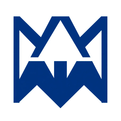 geometric M lettermark, bold parallel vertical strokes, angled V-shaped bridges, hierarchy symbolism, solid indigo blue, minimalism, flat vector design, white background, Bauhaus influence, modernist typography, precision, clarity, structural design, monochrome elegance, modular aesthetics, architectural inspiration, clean lines, minimalist logo design, balance and symmetry, contemporary graphic identity