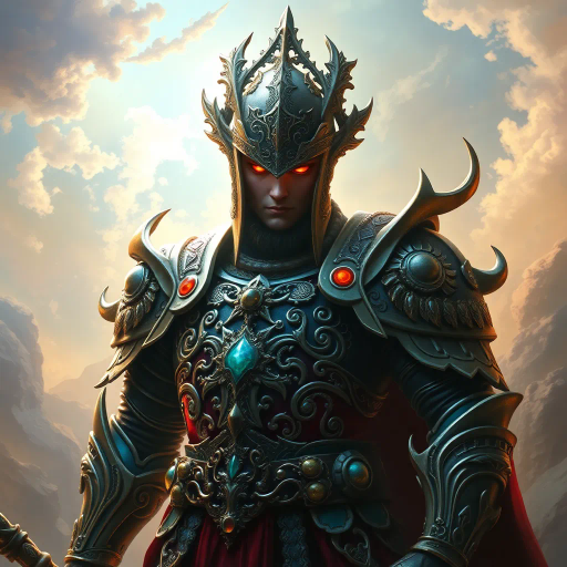 majestic warrior, intricate armor, vibrant colors, ethereal light, Baroque influence, dynamic pose, epic scale, mysterious aura, glowing eyes, mythical elements, storytelling, rich textures, detailed craftsmanship, fantastical landscape, intense gaze, surreal atmosphere, heroic stature, dramatic contrast, legendary figure, cultural symbolism