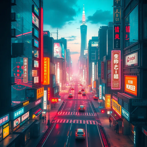 futuristic cityscape, cyberpunk vibes, vibrant neon colors, electric hues, 1980s aesthetics, synthwave influence, bold geometric shapes, neon lights, urban landscape, high contrast visuals, retro-futurism, dynamic movement, dusk lighting, vivid reflections, intricate detailing, digital rendering, surreal atmosphere, abstract patterns, sci-fi elements, immersive universe, nostalgic mood, visual rhythm, avant-garde expression, cultural nostalgia, neon-punk, futuristic design, Japanese urbanism, glowing textures, Pop Art inspiration, virtual reality, kinetic energy, cinematic scale, technicolor spectrum, hyper-detailed architecture, electric ambiance, artistic glitch art, spatial exploration, Bauhaus influences