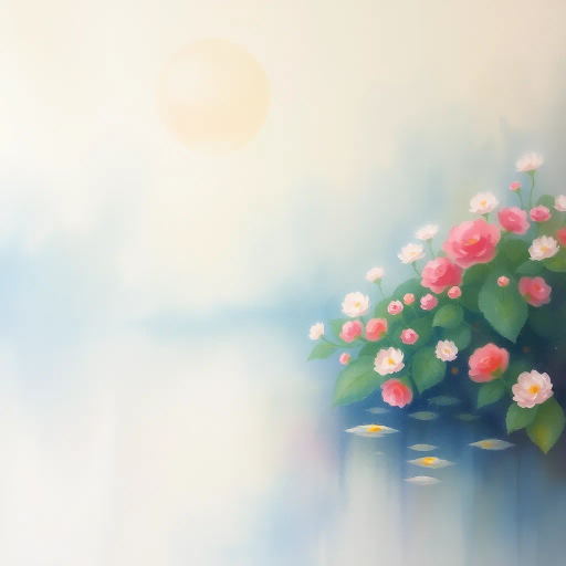 ethereal watercolors, Claude Monet, impressionism, soft pastels, fluid movement, dreamy haze, nature's serenity, garden landscapes, reflections in water, painterly brushstrokes, tranquil ambiance, translucent layers, diffused light, organic forms, vibrant blooms, delicate washes, plein air essence, contemplative mood, harmonious color palette, atmospheric textures, luminous glow, ephemeral presence, subtle gradations, serenity of nature, outdoor inspiration, impressionistic interpretation, fluid dynamics, visual poetry, French influence