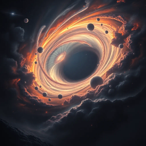 cosmic phenomenon, swirling vortex, event horizon, radiant luminosity, Albert Bierstadt-inspired, baroque grandeur, contrasting shadows, ethereal glow, interstellar dust, infinite void, dynamic motion, gravitational pull, dark matter, space-time fabric, celestial mystery, enigmatic atmosphere, surreal juxtaposition, expansive scale, cosmic harmony, timeless elegance, elemental forces, transcendental experience, visual allegory, metaphysical exploration