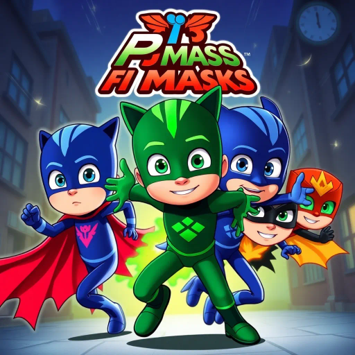 PJ Masks, superhero, children's television show, vibrant colors, dynamic poses, action-packed, comic book style, exaggerated expressions, adventurous, stylized animation, teamwork, mystery, young heroes, nighttime, masks, energy, dynamic composition, animated series, cultural influences, modern anime, vibrant hues, bold outlines, cinematic angles, kinetic movement, imaginative storytelling, iconic characters, fantasy elements, expressive line work, lively atmosphere, engaging narratives