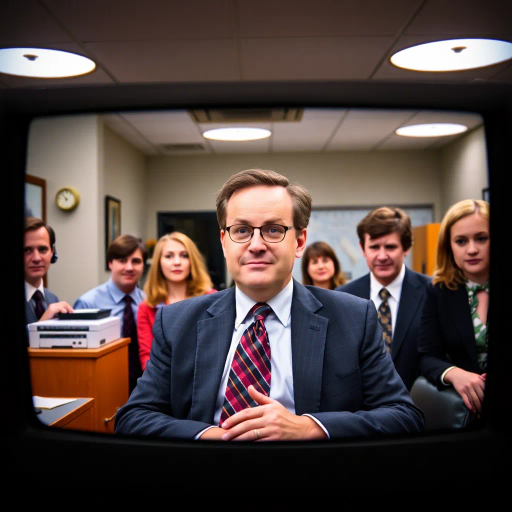 The Office, TV show, satirical humor, vibrant, Steve Carell, ensemble cast, mockumentary style, quirky, everyday life, work environment, subtle irony, character dynamics, Michael Scott, Dunder Mifflin, Scranton, Pennsylvania, documentary filming, 2000s television, comedic timing, deadpan expression, cultural phenomenon, paper company, witty banter, office antics, relatable humor, office supplies, Jim Halpert, Pam Beesly, Dwight Schrute, team dynamics, overhead fluorescent lighting, mundane yet charming, round camera angles, workplace relationships