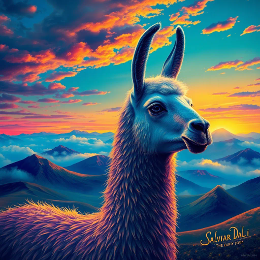 mystical llama, Salvador Dalí, surreal landscapes, vibrant colors, flowing textures, ethereal glow, fantastic realism, imaginative creativity, otherworldly ambiance, enchanted highlands, dreamlike scenery, mythical charm, dynamic composition, magical realism, cloaked in mist, detailed fur, luminous alpenglow, whimsical allure, gentle majesty, impressionistic, radiant horizon