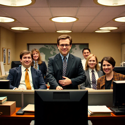 The Office, TV show, satirical humor, vibrant, Steve Carell, ensemble cast, mockumentary style, quirky, everyday life, work environment, subtle irony, character dynamics, Michael Scott, Dunder Mifflin, Scranton, Pennsylvania, documentary filming, 2000s television, comedic timing, deadpan expression, cultural phenomenon, paper company, witty banter, office antics, relatable humor, office supplies, Jim Halpert, Pam Beesly, Dwight Schrute, team dynamics, overhead fluorescent lighting, mundane yet charming, round camera angles, workplace relationships