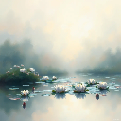 ethereal, serene landscapes, Claude Monet, pastel hues, Impressionist influences, soft brushstrokes, harmony, tranquil ambiance, luminescence, reflection, water lilies, immersive experience, timeless beauty, nature-inspired, delicate textures, atmospheric perspective, intricate patterns, captivating light, gentle serenity, visual poetry, dreamlike quality, emotional resonance