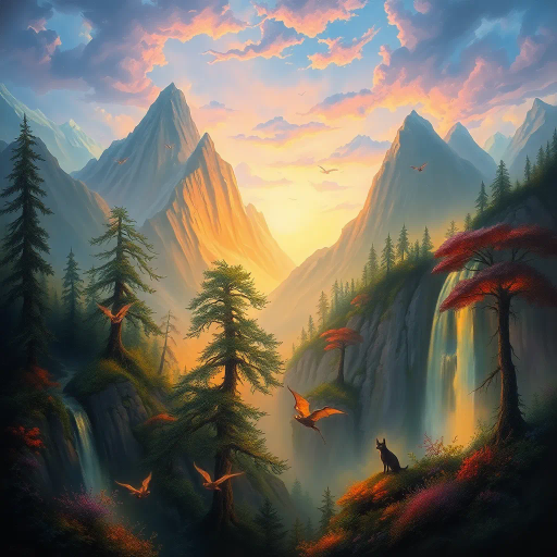 enchanted forest, mystical mountains, Arthur Rackham, vibrant hues, ethereal glow, surreal elements, whimsical ambience, imaginative creatures, rich texture, luminous light, dreamlike setting, intricate patterns, magical realism, cascading waterfalls, ancient trees, airy atmosphere, vibrant flora, mythical beings, pastel skies, layered depth, painterly technique, atmospheric perspective, enchanted twilight, timeless wonder