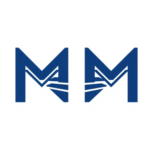 bold letter M, logo design, parallel strokes, subtle taper, upward hierarchy, structured design, solid indigo blue, clean geometric vector, minimalist aesthetic, white background, Bauhaus influence, modern typography, symmetrical composition, negative space, precision, crisp lines, artistic clarity, contemporary art, balanced proportions, graphic design
