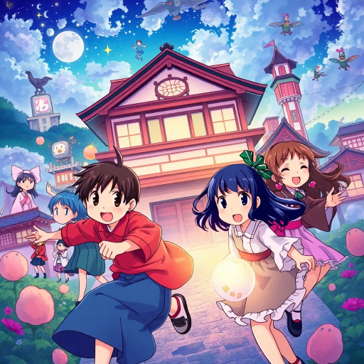 vibrant colors, dynamic action, intricate backgrounds, Studio Ghibli influence, narrative depth, whimsical characters, Japanese culture, expressive faces, fantasy adventure, emotional storytelling, traditional animation, manga aesthetics, lively environment, detailed costumes, cultural motifs, fluid motion, Harajuku fashion, melodic themes, light-hearted humor, ethereal landscapes