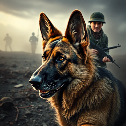 German shepherd, military theme, dynamic action, realistic textures, dramatic lighting, soldier in uniform, battlefield scenery, hyper-realistic fur detail, contrast, tension, Alex Ross, cinematic framing, bold composition, emotional intensity, movement, war-torn landscape, contemporary realism, powerful symbolism, strength, courage, protective stance, close-up perspective, muted color palette, storytelling elements, visual narrative