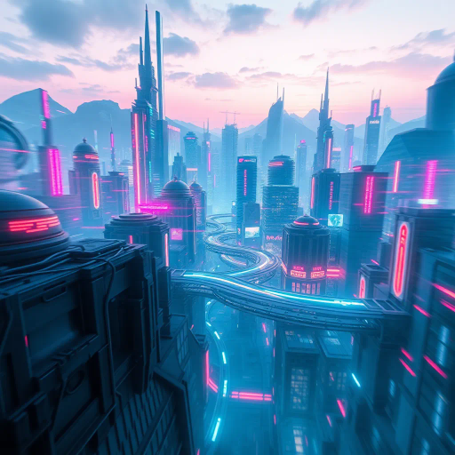 virtual reality, futuristic cityscape, neon lights, immersive experience, surreal landscapes, vibrant color palette, dynamic movement, abstract forms, digital era, sleek lines, technology-driven, sensory overload, contemporary aesthetics, speculative fiction, interconnected worlds, visual storytelling, hyperrealism, digital rendering, visual depth, cybernetic influences, ethereal ambiance, interactive dimensions, fractal design, multi-layered composition