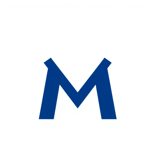 geometric M lettermark, bold parallel vertical strokes, angled V-shaped bridges, hierarchy symbolism, solid indigo blue, minimalism, flat vector design, white background, Bauhaus influence, modernist typography, precision, clarity, structural design, monochrome elegance, modular aesthetics, architectural inspiration, clean lines, minimalist logo design, balance and symmetry, contemporary graphic identity