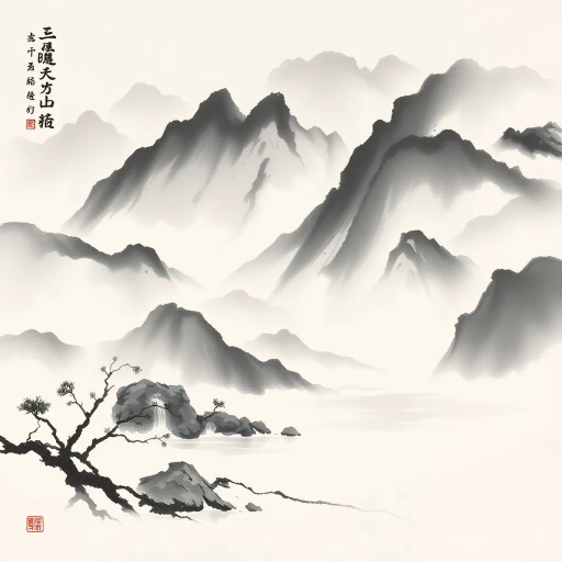 traditional Chinese ink painting, brush strokes, fluid motion, Asian landscape, intricate detail, muted monochrome palette, natural beauty, harmony with nature, dynamic composition, misty mountains, tranquil water, serene atmosphere, feng shui principles, expressive lines, calligraphic precision, historical art, Song Dynasty, symbolism of nature, balance and contrast, cultural heritage, artistic simplicity, meditative mood