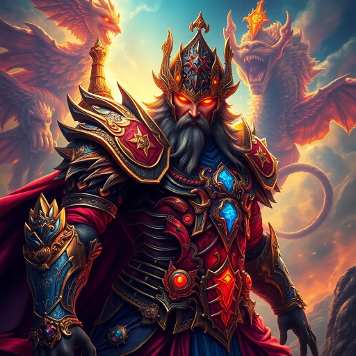 majestic warrior, intricate armor, vibrant colors, ethereal light, Baroque influence, dynamic pose, epic scale, mysterious aura, glowing eyes, mythical elements, storytelling, rich textures, detailed craftsmanship, fantastical landscape, intense gaze, surreal atmosphere, heroic stature, dramatic contrast, legendary figure, cultural symbolism