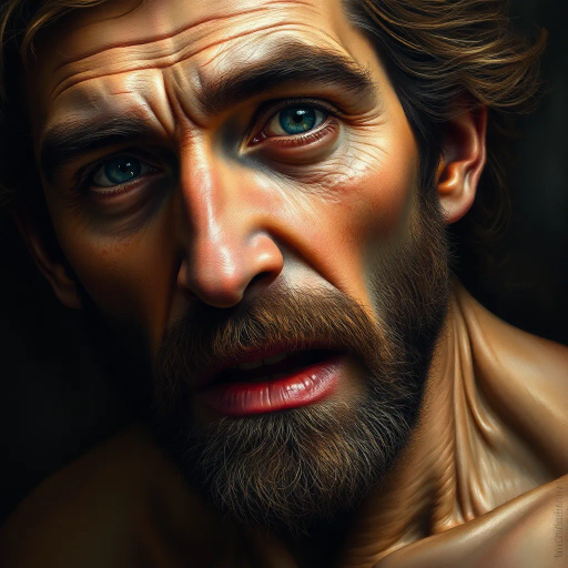 hyper-realistic illustration, detailed textures, chiaroscuro lighting, vibrant colors, realistic anatomy, dynamic composition, Caravaggio influence, high contrast, soft focus background, emotional depth, natural elements, fine detail, photorealism technique, dramatic shadows, expressive realism, sharp focus, vibrant landscapes, Renaissance inspiration, textural nuances, lifelike depiction, artistic expression, modern vibrancy