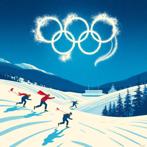 winter olympics, Adolphe Mouron Cassandre, dynamic composition, vibrant movements, cold hues, frosty blues, sparkling whites, contrasting shadows, atmospheric depth, panoramic vistas, kinetic energy, athletic prowess, cultural celebration, Olympic spirit, Art Deco influences, geometric patterns, sweeping curves, expressive lines, emotional intensity, grand scale, global unity, dramatic lighting, icy textures, timeless grandeur, elegant symmetry, inspiring competition, frozen terrains, monumental arenas, inspired by tradition, contemporary innovation, international camaraderie