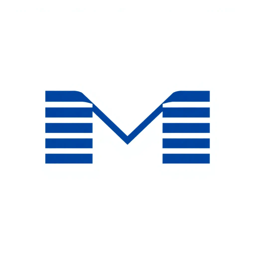 bold letter M, logo design, parallel strokes, subtle taper, upward hierarchy, structured design, solid indigo blue, clean geometric vector, minimalist aesthetic, white background, Bauhaus influence, modern typography, symmetrical composition, negative space, precision, crisp lines, artistic clarity, contemporary art, balanced proportions, graphic design