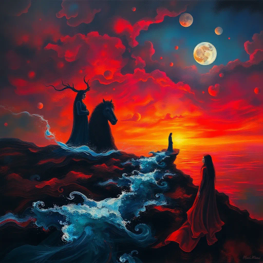 surreal landscape, Mike Worrall, dreamlike figures, ethereal glow, chiaroscuro, vibrant palette, enigmatic atmosphere, fluid motion, Renaissance influence, abstract forms, kaleidoscopic colors, impressionist brushwork, haunting beauty, dramatic contrasts, conceptual depth, mysterious narratives, twilight ambiance, surrealism, dynamic flow, intricate details