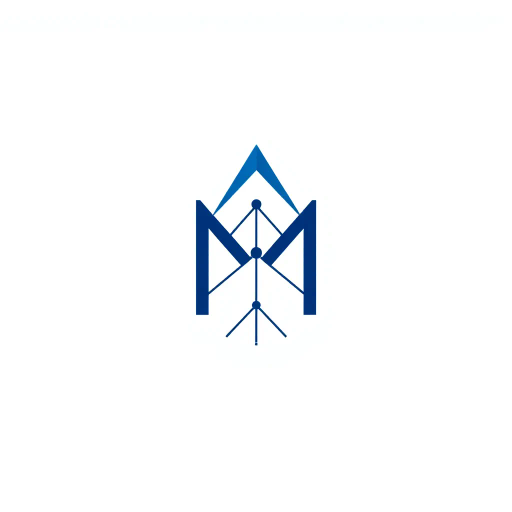 abstract letter M logo, geometric precision, peak as parent node, child nodes below, branching lines, tree hierarchy, indigo gradient, smooth transition, minimal vector, clean lines, white background, modern design, sleek composition, symmetry, interconnectedness, network symbolism, mathematical aesthetics, futuristic, elegant simplicity, negative space utilization