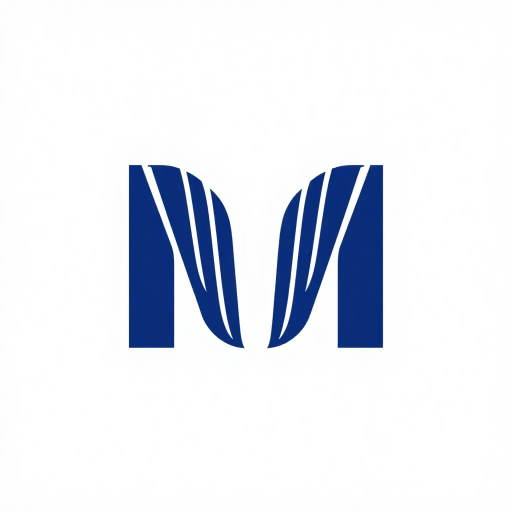bold letter M, logo design, parallel strokes, subtly tapering, upward hierarchy, structure, solid indigo blue, clean geometric vector, white background, minimalist style, modernist design, Bauhaus influence, negative space, precision, symmetry, sleek lines, contemporary aesthetics, iconic branding, dynamic movement, visual balance, artistic clarity, abstraction, graphic design principles